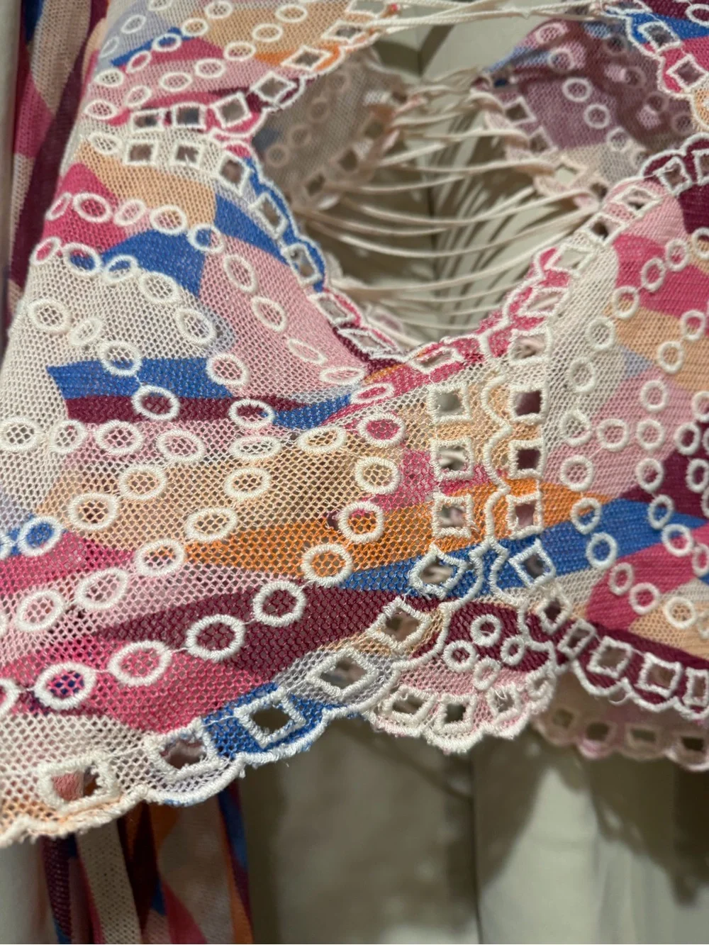 Multi-Color Lace-Up Mesh Crop Top - Pink/Blue Pattern